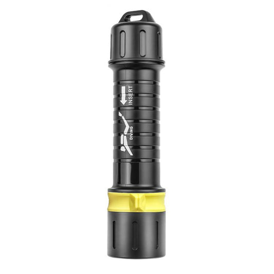 Black and yellow waterproof diving flashlight with handle and lanyard loop