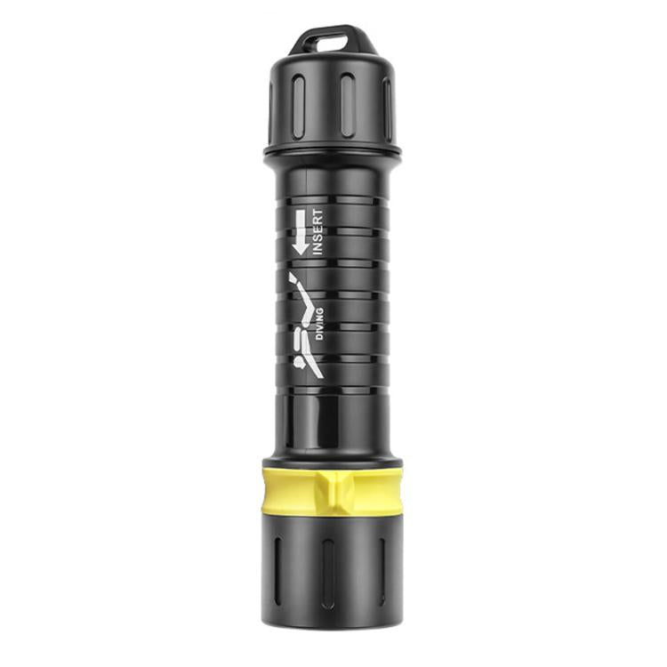 Compact black and yellow waterproof dive flashlight with top carry loop