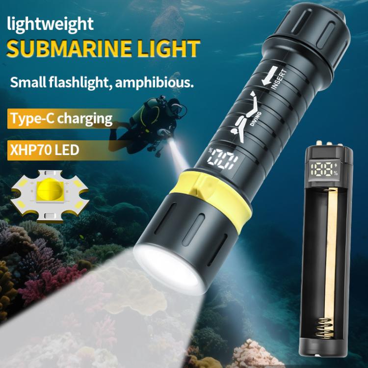 Black and yellow submersible diving flashlight with wide beam lens