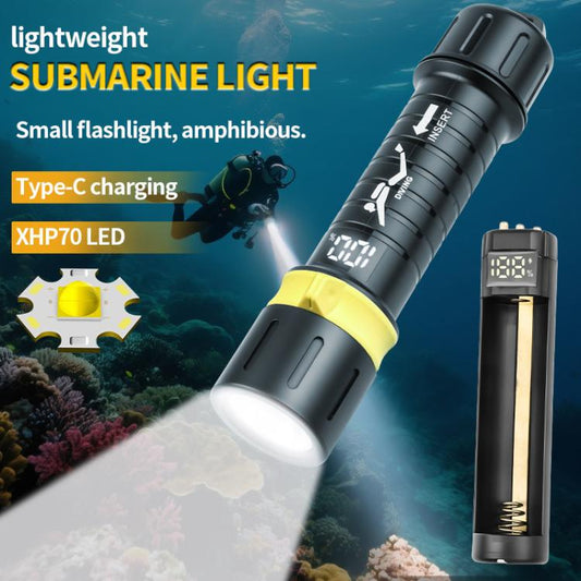 Black and yellow submersible diving flashlight with wide beam lens