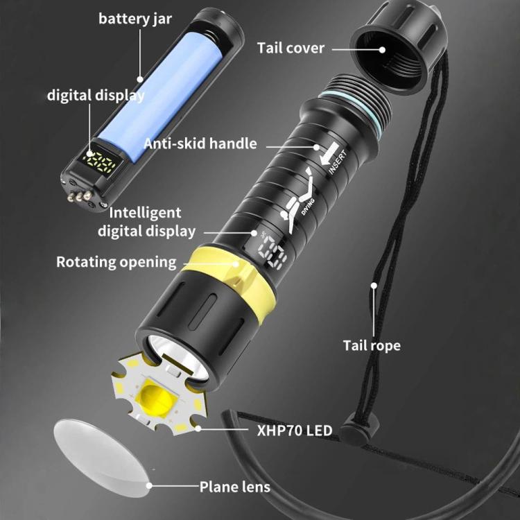 Black and yellow dive flashlight with textured grip, tail cover, and lanyard