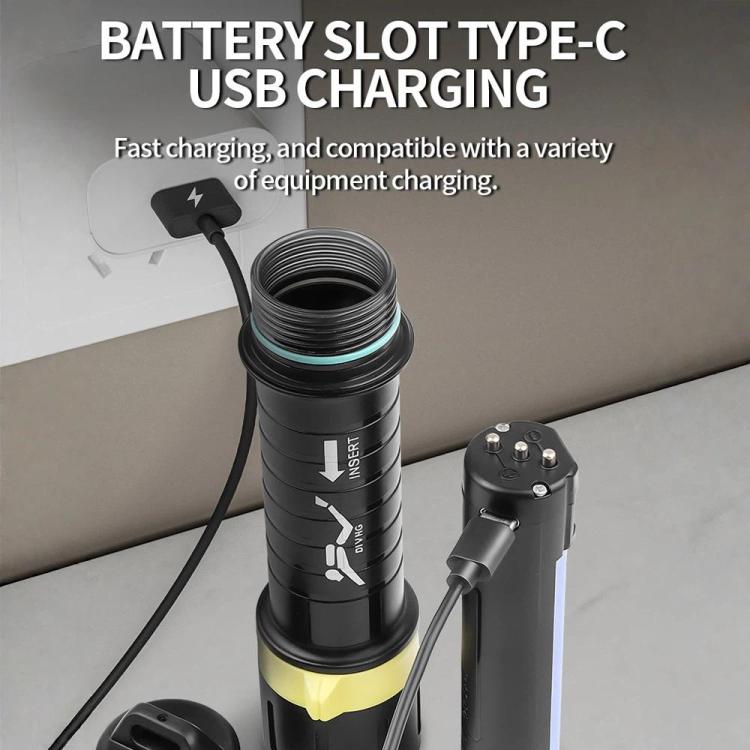 Black and yellow dive flashlight charging with Type-C cable connected