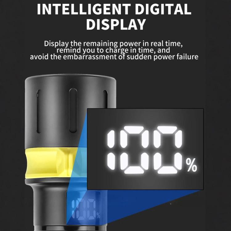 Black and yellow flashlight showing an illuminated digital percentage display