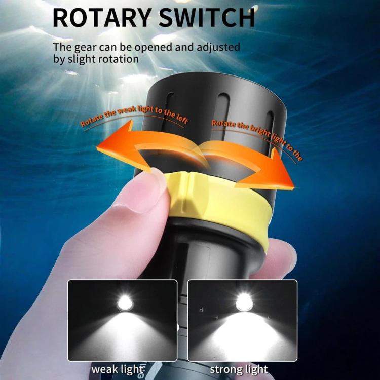 Black and yellow diving flashlight with rotary switch and hand-turned control