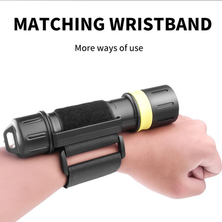 Black and yellow flashlight in matching wristband with hand grip