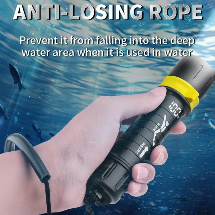 Dark waterproof diving flashlight with yellow ring and wrist lanyard, held in hand
