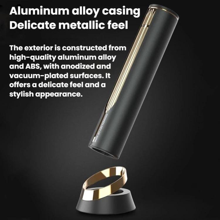 Electric bottle opener with aluminum alloy-style casing, black finish with gold-toned strip