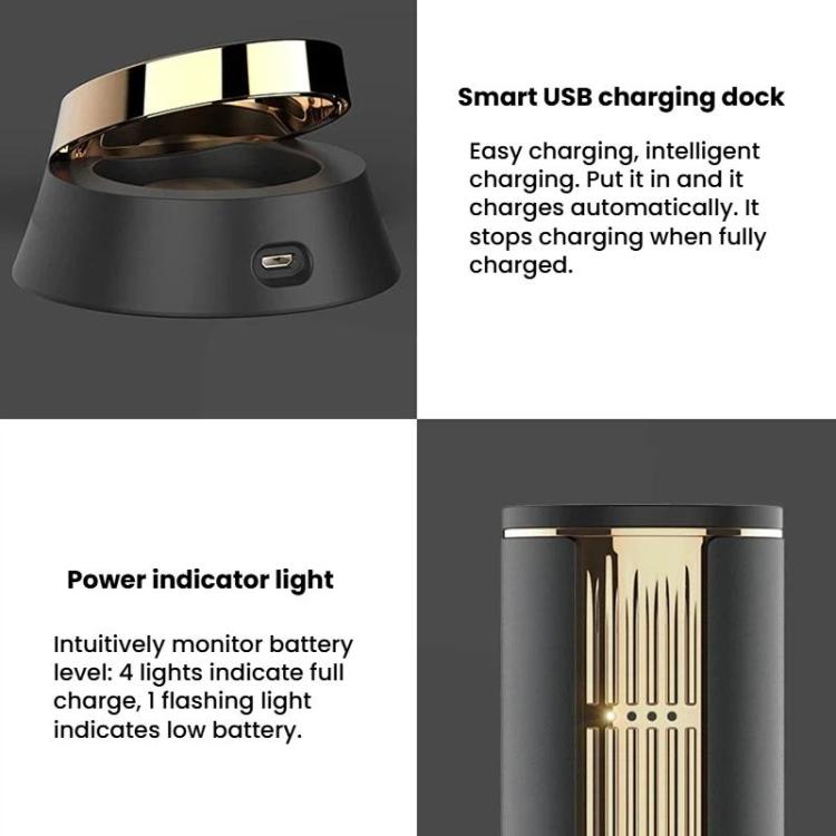 Electric bottle opener charging dock, black base with gold-toned top ring