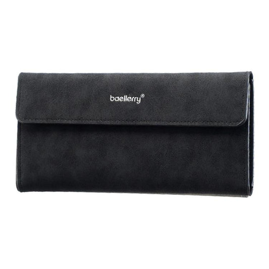 Men's long flip-cover wallet, black matte finish, minimalist tri-fold card holder