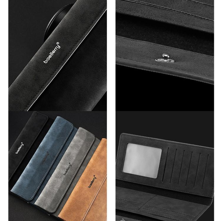 Opened tri-fold wallet showing card slots and ID window, black leather-look exterior