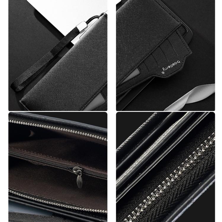 Black men’s long zip wallet with stitched panels and metal zipper