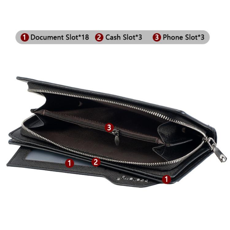 Black men’s long zip wallet interior with document, cash, and phone slots