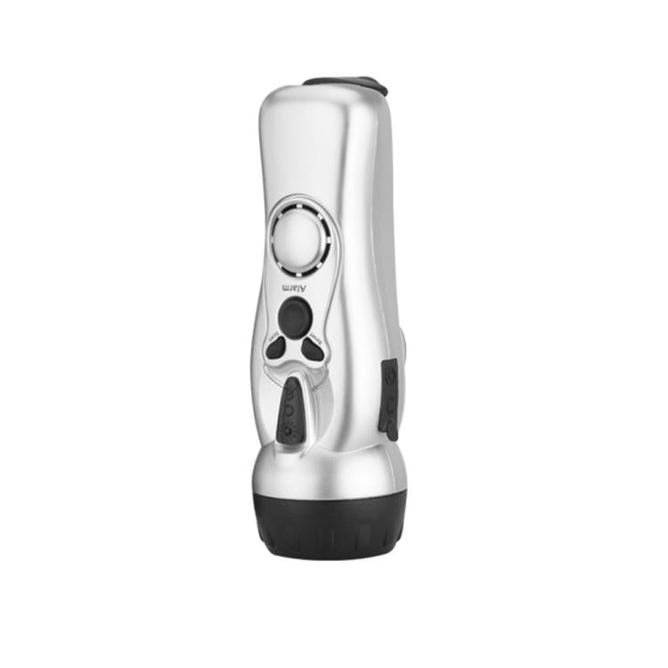Silver emergency LED hand-crank flashlight with radio-style control buttons