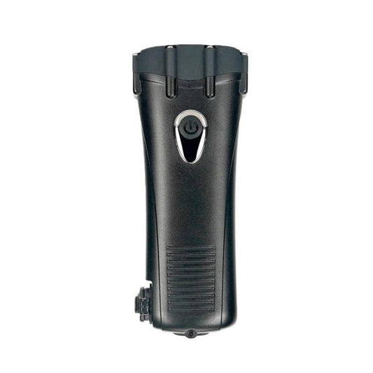Black LED emergency flashlight with hand-crank top and lanyard loop