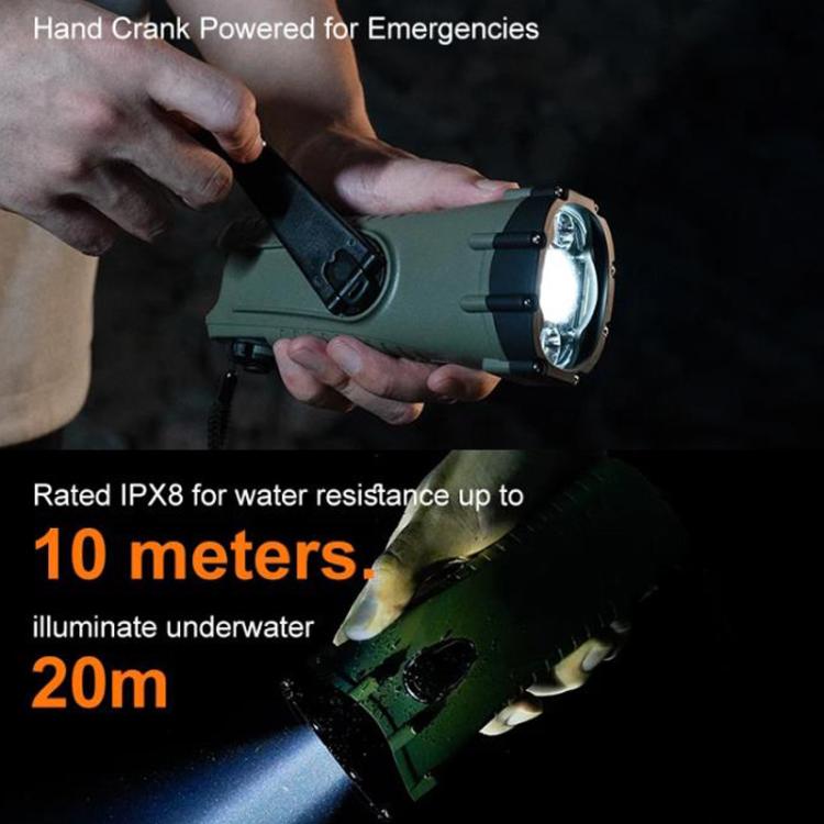 Green LED emergency flashlight with hand-crank handle and front light bezel