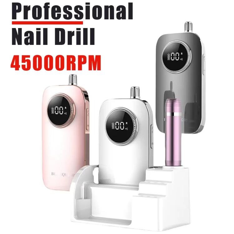 Nail drill kit display with pink, white, and gray main units and purple handpiece