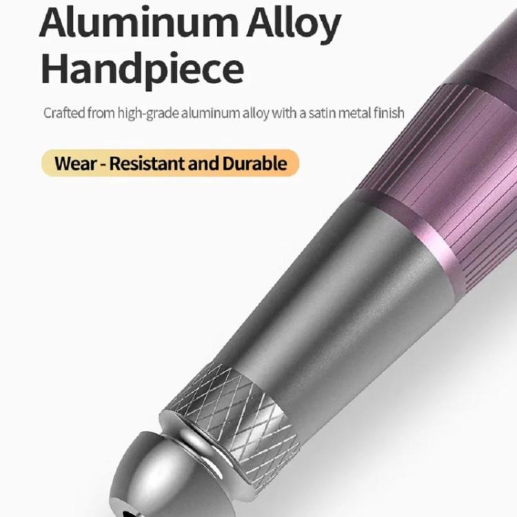 Metal and purple nail drill handpiece with textured grip and ribbed shaft