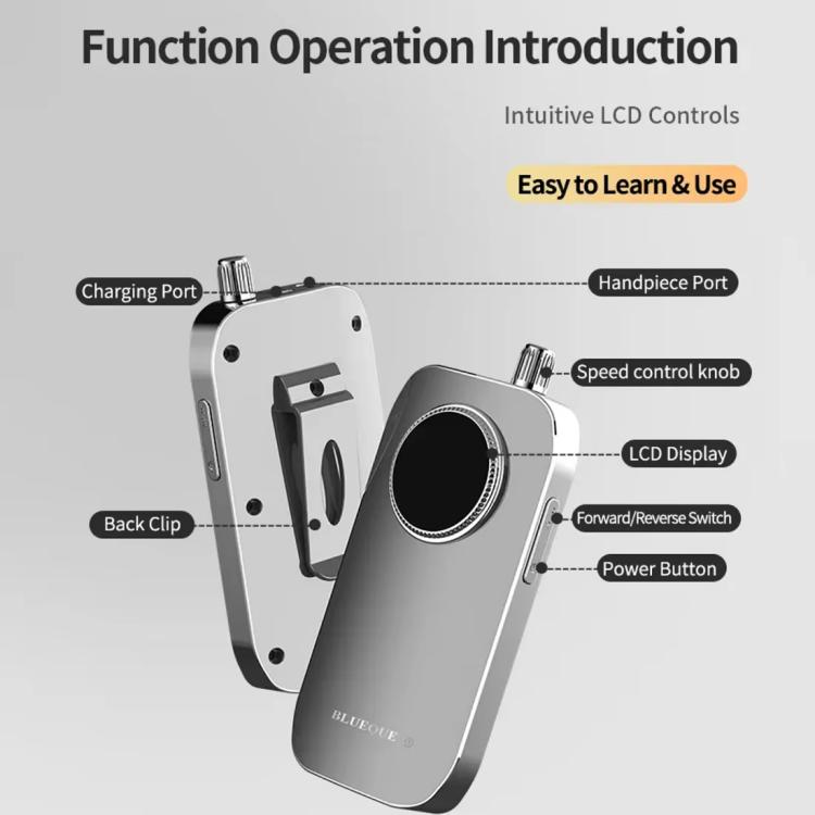 Gray nail drill main unit with control panel, buttons, and side charging port