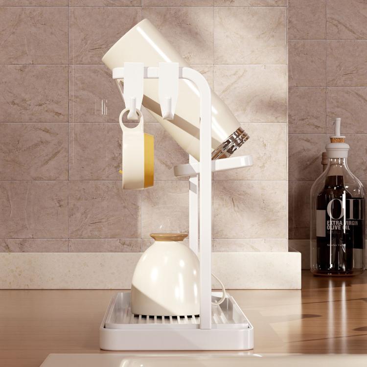 White hanging cup holder rack with compartments and base drip tray