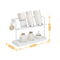 White double-tier cup rack organizer with size indicators and stored cups