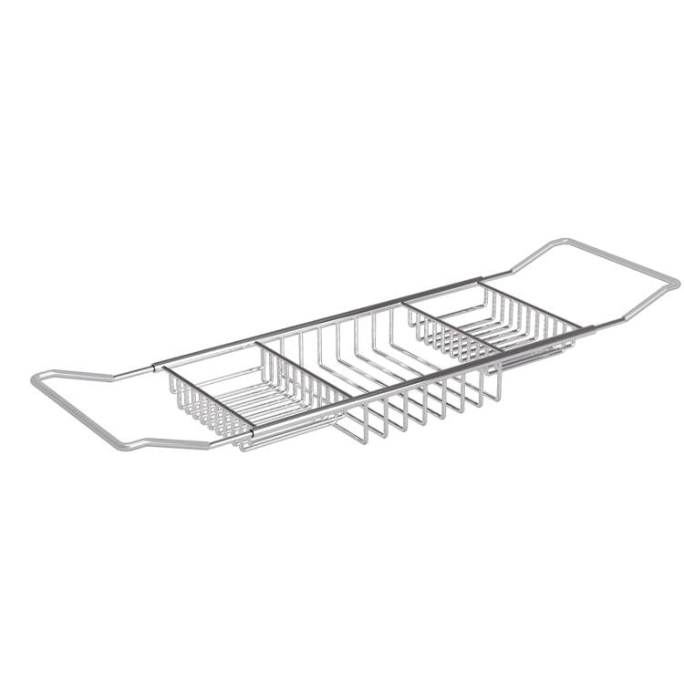 Silver stainless steel extendable bathtub caddy shelf with three-tier organizer and end supports