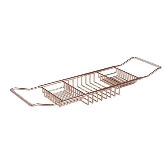 Rose gold stainless steel extendable bathtub caddy with three-tier organizer and tablet stand frame