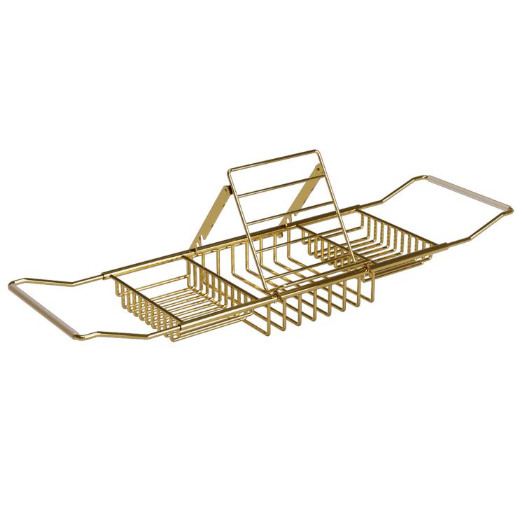 Gold stainless steel extendable bathtub caddy with tablet stand and three-tier storage rack