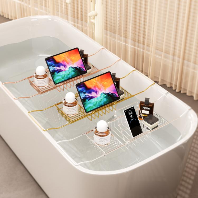 Gold stainless steel bathtub caddy organizer with tablet stand and three storage sections