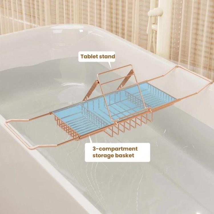 Rose gold stainless steel bathtub caddy with tablet stand and three-compartment storage basket