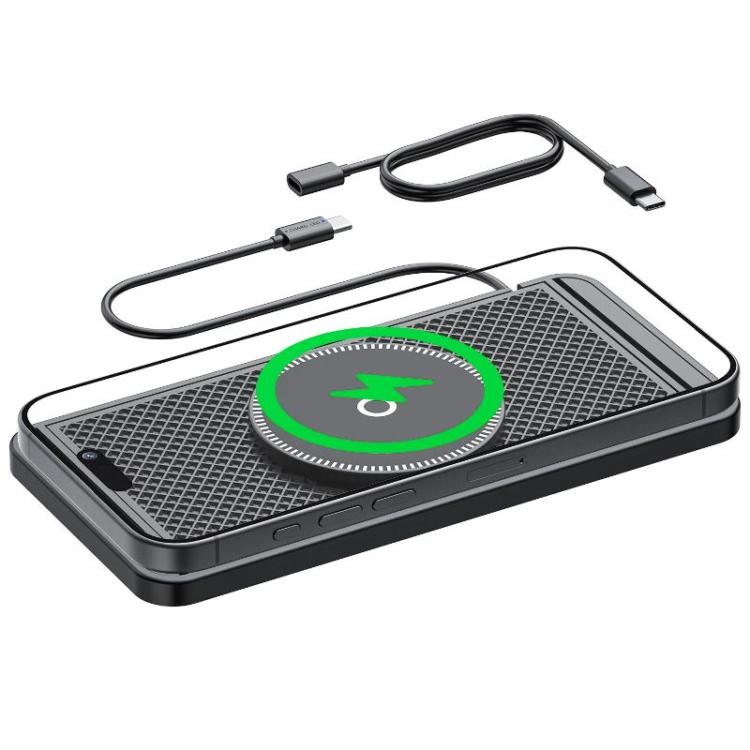 Qi magnetic wireless car charging mat with green-lit pad and included charging cables