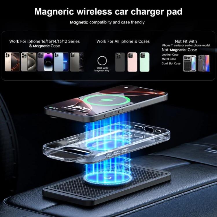 Qi magnetic wireless car charging mat with blue LED charging glow and magnetic alignment
