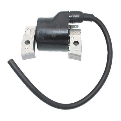 Lawn mower ignition coil with black housing, metal brackets, and black wire leads