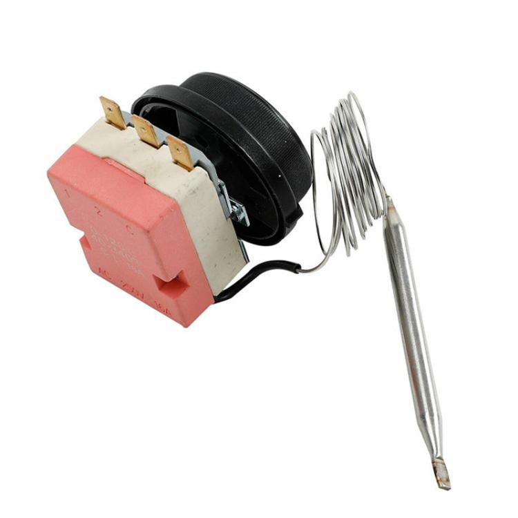 Electric thermostat switch with dial housing, probe rod, and wiring connector