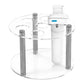 Clear acrylic spice jar holder with seven openings and multiple white bottles on posts