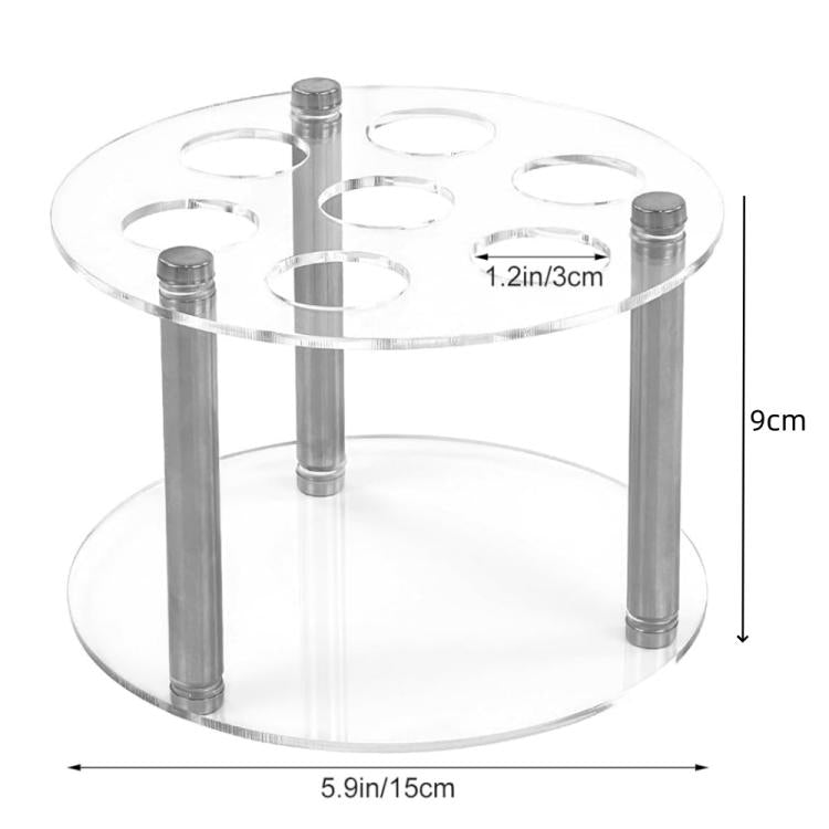 Clear acrylic spice jar holder with seven openings, side view with height and width shown