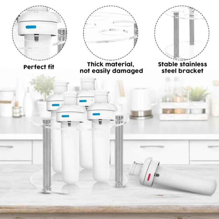 Clear acrylic spice jar holder with seven openings and white bottles on metal posts