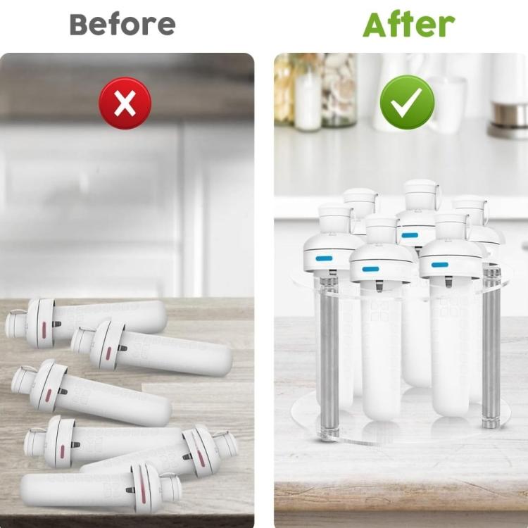 Clear acrylic spice jar holder with seven posts holding multiple white bottles