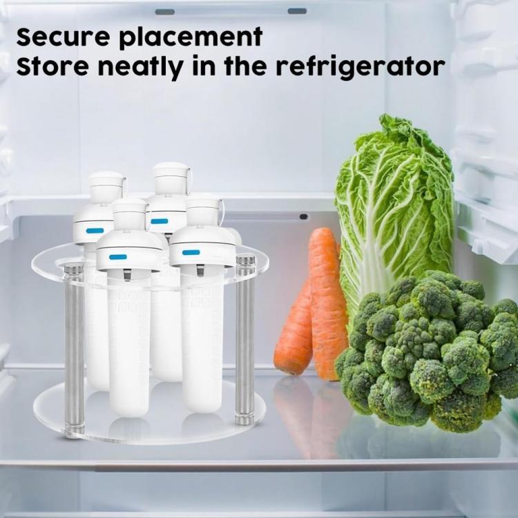 Clear acrylic spice jar holder for refrigerator storage with seven posts and white bottles