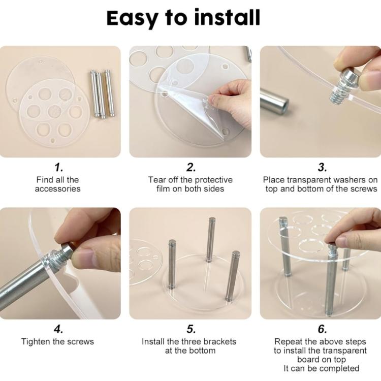Clear acrylic spice jar holder with seven posts and included installation hardware