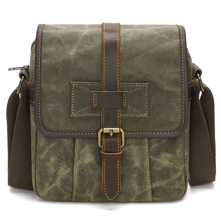 Army green waxed canvas crossbody bag with leather cross flap and buckle