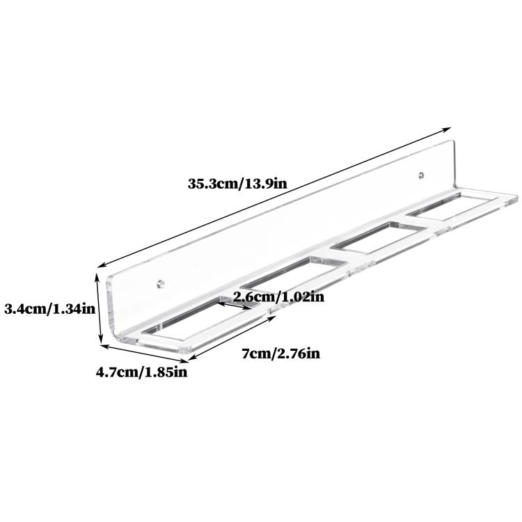 Clear acrylic wall mount hockey puck storage rack with size dimensions marked