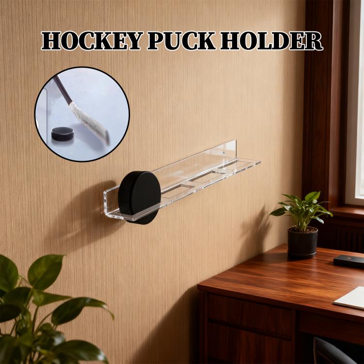 Clear acrylic hockey puck holder wall mount rack holding a hockey puck
