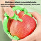 Green hand-crank peeler with stainless blade shaving peel from a red apple