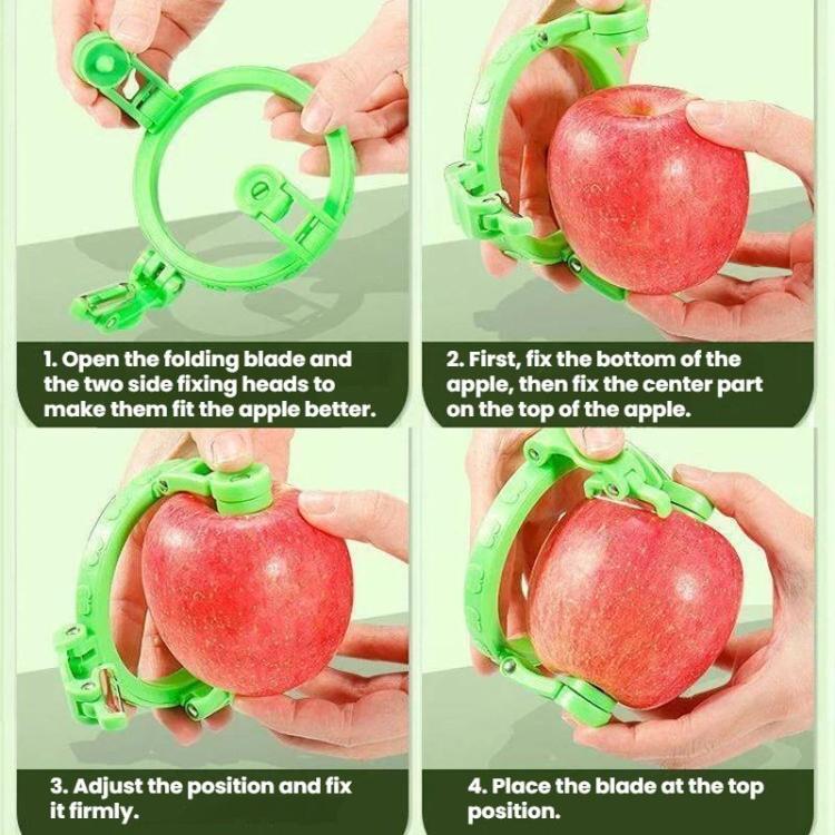 Green hand-crank peeler fitted to a red apple, ready for peeling