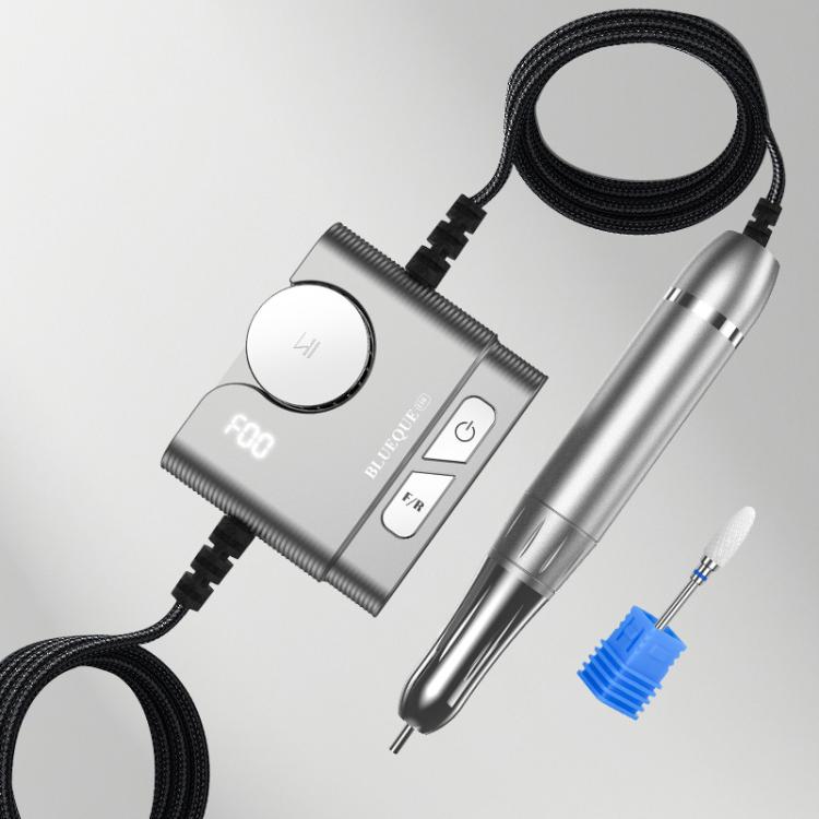 Silver wired nail grinder with controller box, black cable, and blue sanding bit