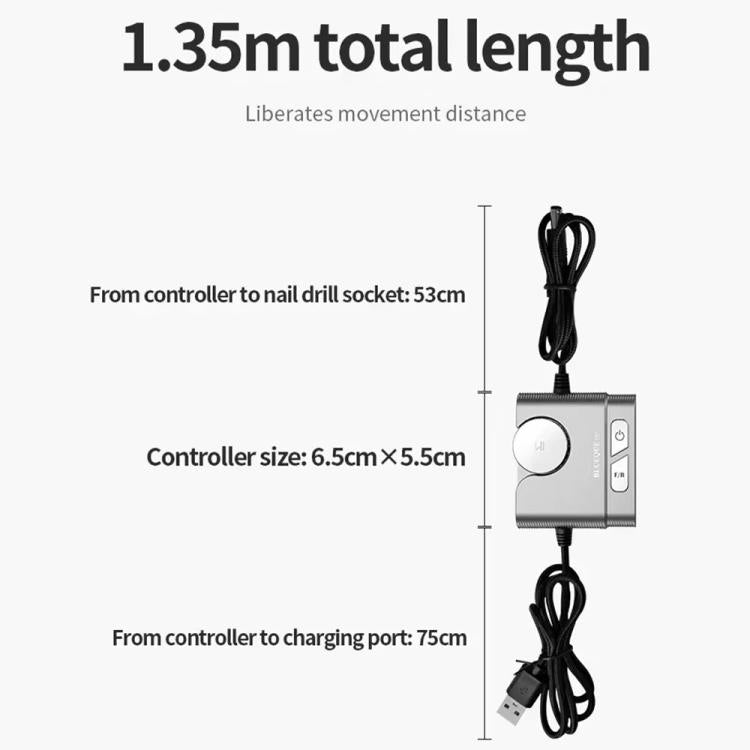 Nail grinder controller with connected power cord and total length cable setup