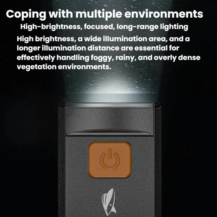 Black bike headlight body with orange power icon, shown with water droplets