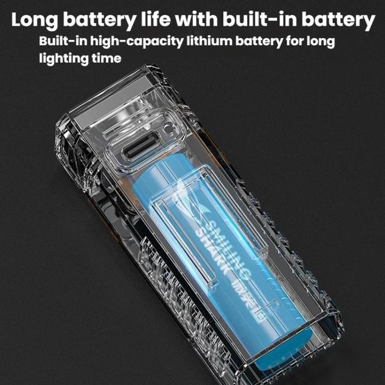 Clear-bodied bike headlight revealing blue lithium battery inside black housing