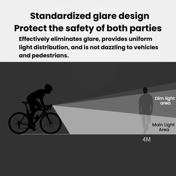 Bike headlight glare and light-coverage diagram with rider silhouettes and beam area