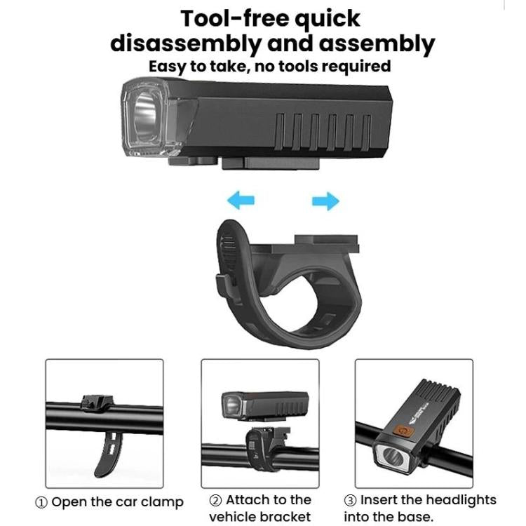 Tool-free quick-release bike headlight with handlebar clamp and mounting steps